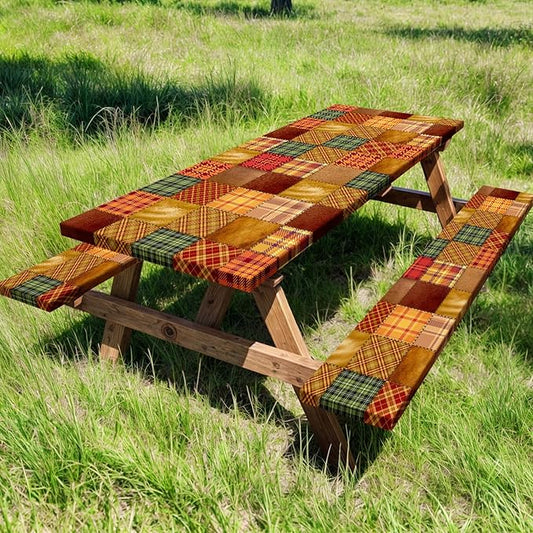 JAWO Picnic Table Covers with Bench Covers Camping Fall Autumn Tablecloth 8FT for 8 Person Fitted Picnic Table Cover with Elastic Windproof Waterproof Fabric, Camping Accessories Patio & Outdoor