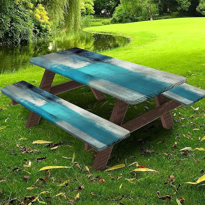 CAPSCEOLL Picnic Table Cover with Bench Covers Waterproof Fitted Camping Tablecloth All-Weather Outdoor Table Protector with Drawstring Bag for Camping Essentials, 72X30in, Blue White