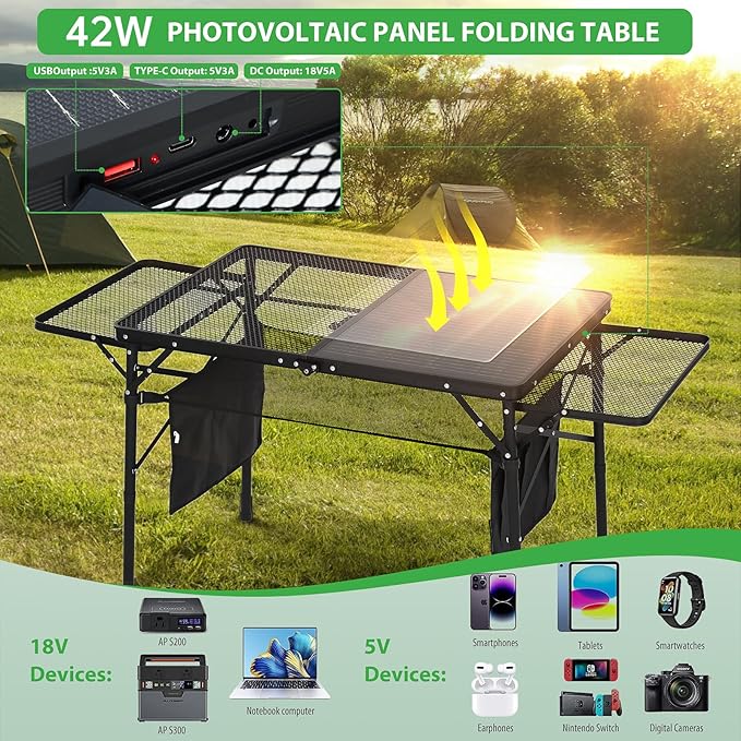 Nice C Camping Table, Grill Table, Tailgate Tables, Solar Panel Tables with USB, Type-C&DC Charging Cable, 42W Portable Solar Charger, 2 Side Shelves, Height Adjustable with Mesh Net&Cup Holders