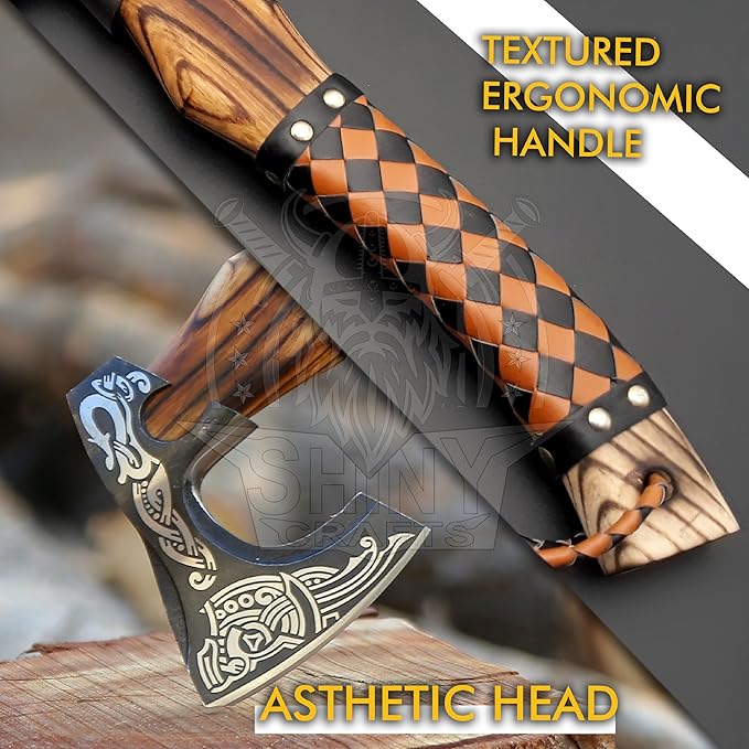 SHINY CRAFTS Viking Axe - Handmade Hatchet Norse Valhalla Runic Carbon Steel Head Engraved Handle Wolf Camp Axe With Genuine Leather Sheath & Wrap (SCA 03)