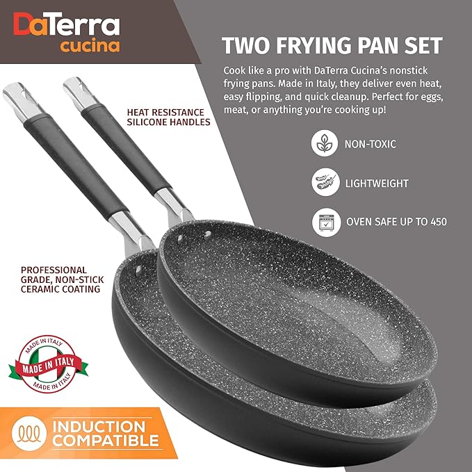 DaTerra Cucina Nonstick Pan Bundle – 9.5" & 11" Ceramic Cooking Pans Nonstick w/Lid - Oven Proof Frying Pan - Induction, Gas, & Electric Cooktops Friendly – Volcanic Black Speckled – Made in Italy