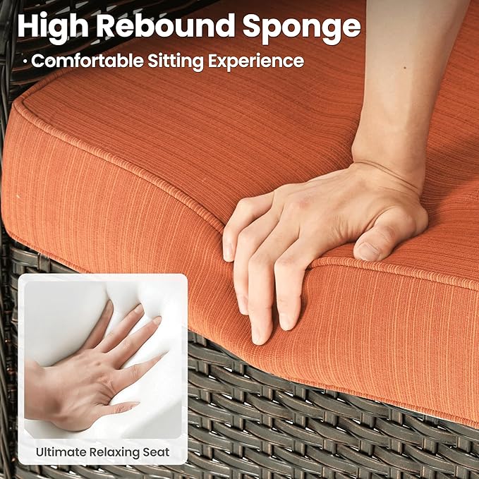 ovios 6 Pieces Patio Furniture Set with 42" Fire Pit Table, Outdoor Wicker Sofa with Ottomans, Comfy Cushions, High Back Couch Conversation Set, Brown Rattan, Orange Red