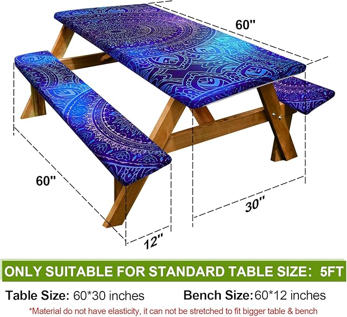 Picnic Table Cover with Bench Covers Camping Essentials Waterproof Windproof Camping Tablecloth with Drawstring Bag, Fitted Rectangle Tables and Seats, 60in, Blue Purple