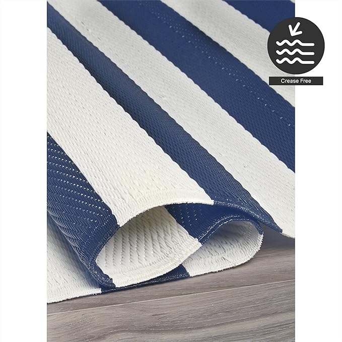 FH Home Outdoor Rug - Waterproof, Fade Resistant, Reversible - Premium Recycled Plastic - Striped - Porch, Deck, Balcony, Mudroom, Laundry Room, Patio - Brittany - Blue & White Crease Free - 3 x 5 ft