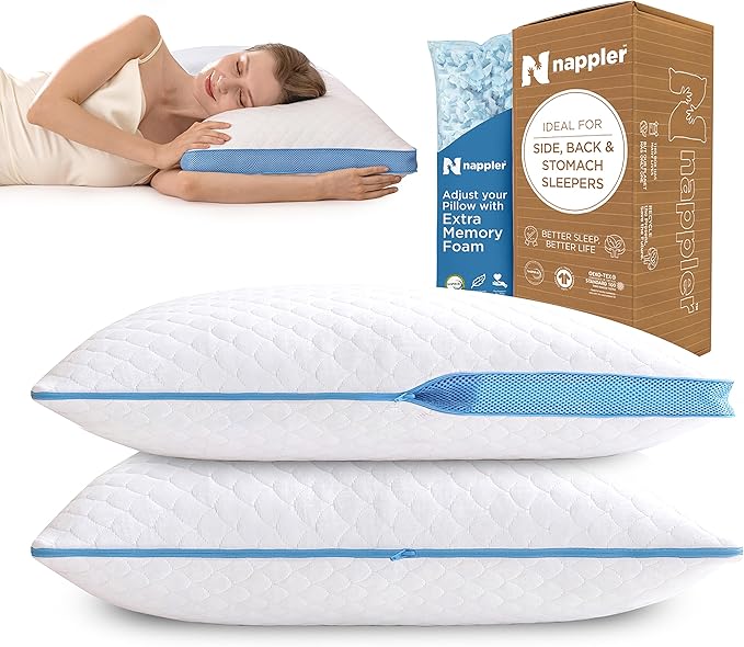 Side and Back Sleeper Pillow for Neck and Shoulder Pain Relief-Shredded Memory Foam Bed Pillow for Sleeping - 100% Adjustable Fill - Queen Size - Set of 2 - Washable Case. Extra Fill Included