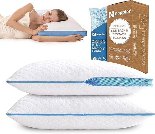 Side and Back Sleeper Pillow for Neck and Shoulder Pain Relief-Shredded Memory Foam Bed Pillow for Sleeping - 100% Adjustable Fill - Queen Size - Set of 2 - Washable Case. Extra Fill Included