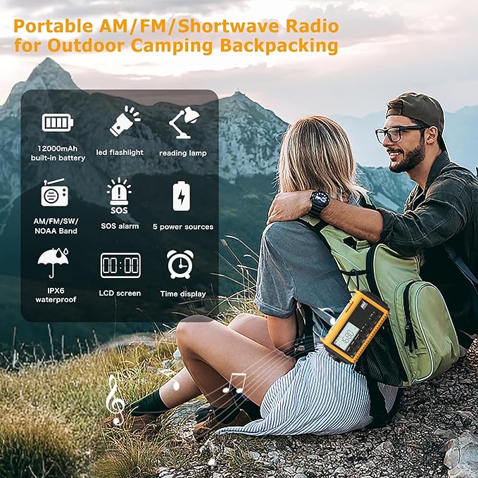 12000mAh NOAA Emergency Weather Radio, Hand Crank Emergency Radio Portable AM FM Shortwave, Solar Rechargeable Battery Powered with USB-C Charger & Adapter, SOS Alert Flashlight for Outdoors