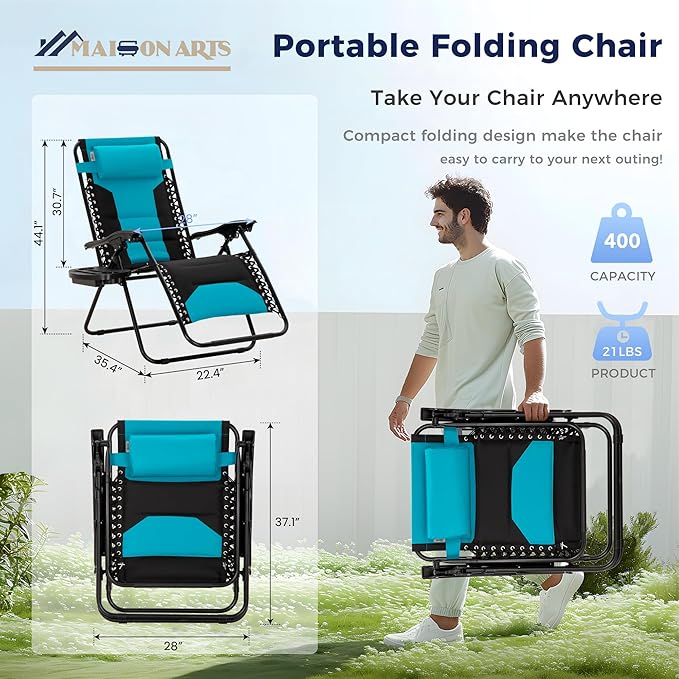 MAISON ARTS Oversized XXL Padded Zero Gravity Chair, Lawn Outdoor Lounge Chairs Set of 2, Foldable Recliners 28" Wide Seat Anti-Gravity for Patio Camping Poolside Yard, Support 400lbs, Aqua