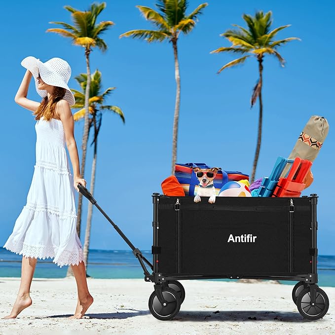 Collapsible Wagon Carts,Folding Wagon Cart with All Terrain Wheels,Heavy Duty Garden Carts with Adjustable Handle,Outdoor Utility Wagon for Camping Shopping Sports Fishing (Black)