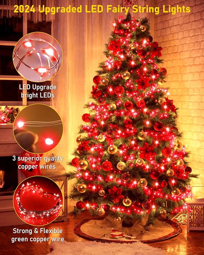 KNONEW 203FT Outdoor Christmas Fairy Lights Plug in,600 LED String Lights Outdoor Waterproof 8 Modes Memory Times for Wedding Bedroom Walls Garden Trees Decoration(red)