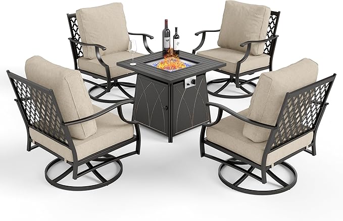 Patio Furniture Set with Fire Pit Table, 5 Pcs Metal Outdoor Conversation Set, 4 Swivel Chairs with 5.75" Extra Thick Cushion and 28" Fire Pit Table for Backyard Deck, Beige