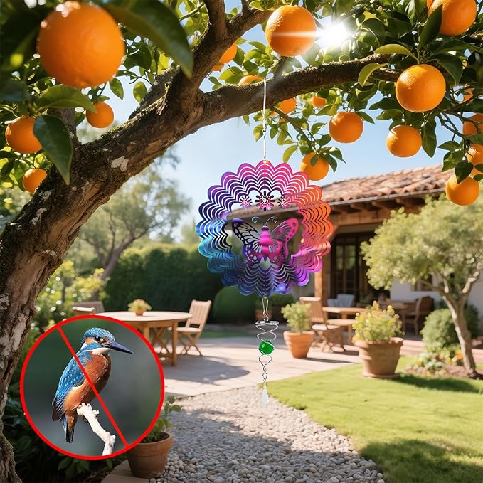 16.5in Wind Spinners Outdoor with Spiral Tail, Metal Hanging 3D Wind Spinner Stainless Steel Sparkly Bird Devices to Scare Birds Away from Yard Decoraction Patio Art Whirligig Gifts