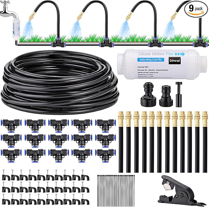 Mornajina Automatic Drip Irrigation Kits Garden Irrigation System, Includes Calcium Inhibitor Filter & 66FT 5/16 inch Irrigation Tubing Hose & 20Pcs 360° Bending Dropper Atomizing Mist Nozzles Tee
