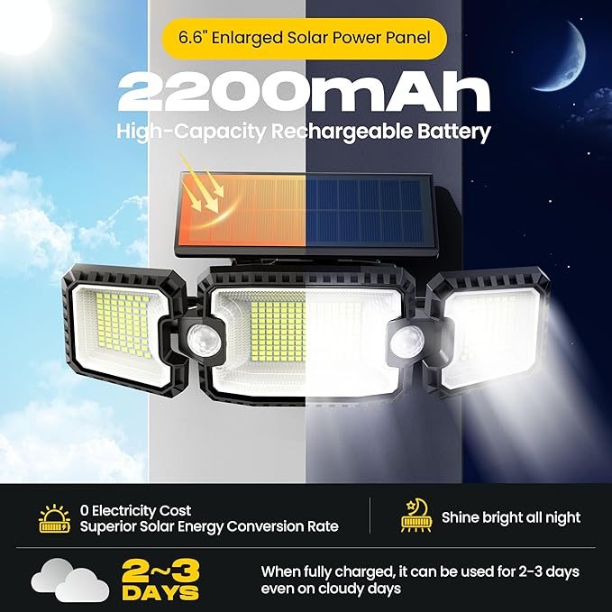 Solar Power Outdoor Light Lamp, Day to Dusk Modes, 305 LED 3000LM 270° Wide Angle Motion Sensor Flood Light, 2200mAH High Capacity, Motion Lights for Outside, Yard, Patio, Pathway