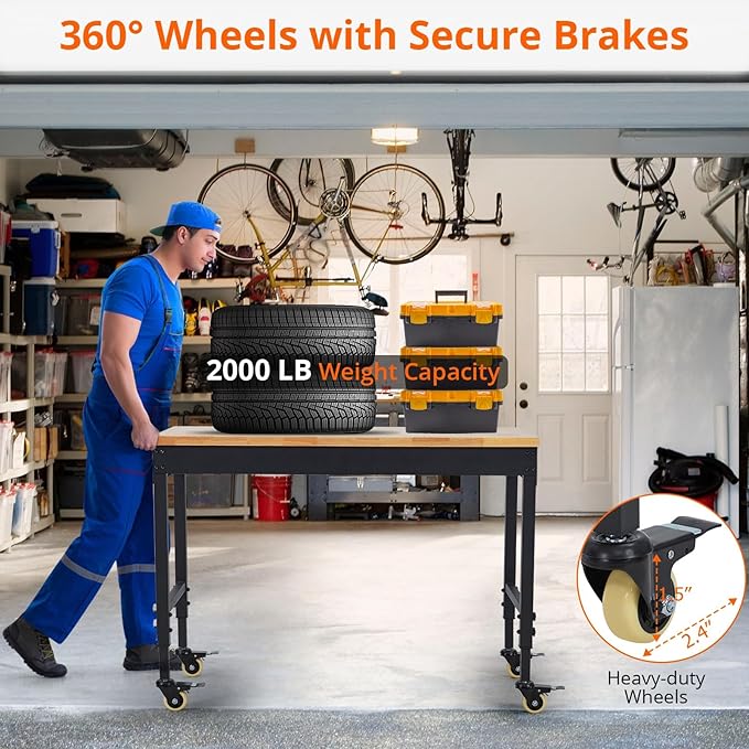 Work Bench 72" Adjustable Height, Heavy-Duty Portable Workbench with Power Outlets for Garage & Workshop, 2000 LBS Load Capacity, Work Table for Office, Home, Easy Assembly