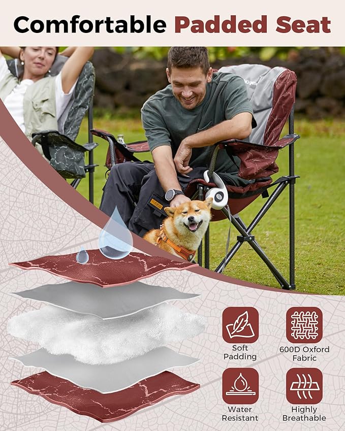 KingCamp Oversized Camping Folding Chair, Heavy Duty 450 LBS with Lumbar Support, Padded seat with Cup Holder&Cooler Bag, Ideal for Camp, Fishing, Sports Event, Backyard, Patio, Lawn(Lava Red)