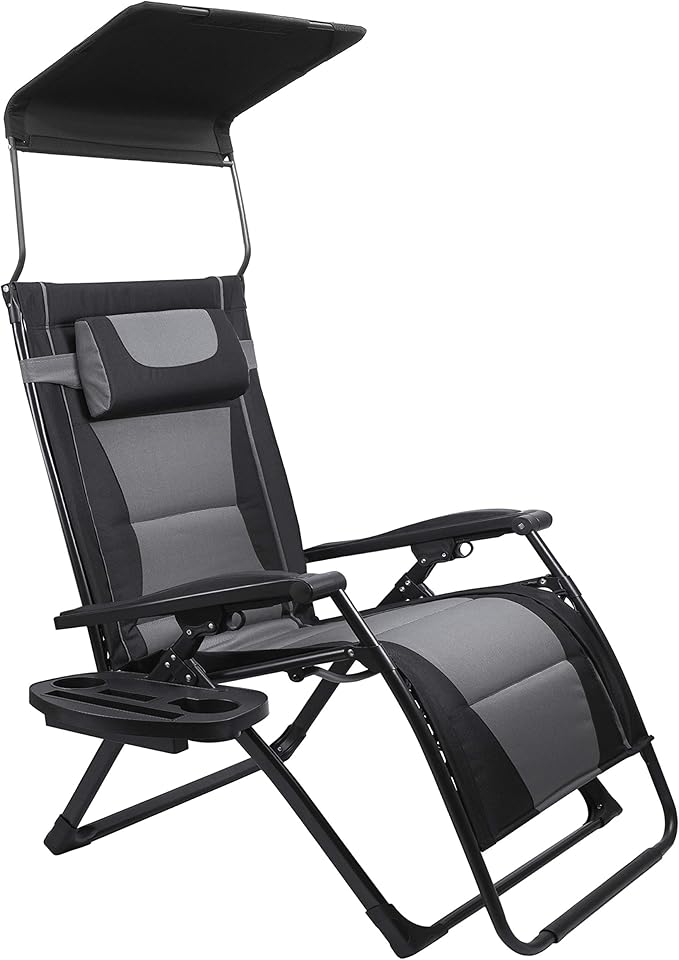 XXL Oversize Recliner Folding Chair – Heavy Duty Zero Gravity Lounge Chair with Sunshade, Cup Holder Tray & Padded Seat – Extra Wide Reclining Patio Chair for Camping & Outdoors