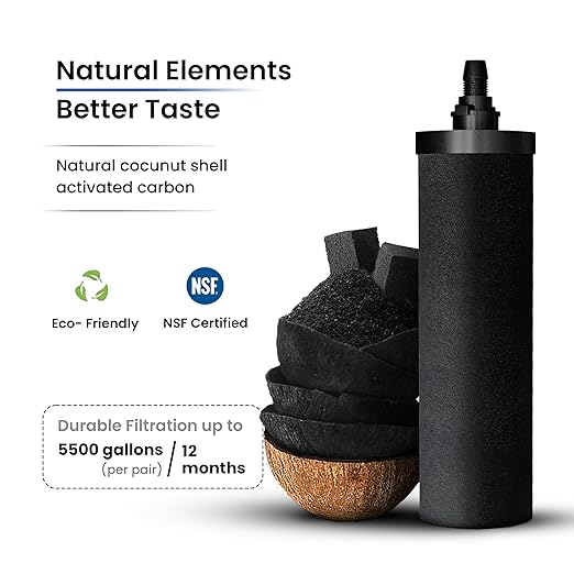 2.25 Gallons NSF Certified AISI 304 Stainless Steel Water Filter with 2 Smart Carbon (Black) Filters, 2 POSTreat Steel Fluoride Removal Elements, Free Water Spigot & Teak Wood Stand