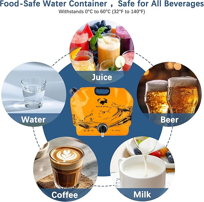 Camping Water Jug 2.1 Gallon CollapsibleWater Container Portable Water Bag for TravelOutdoor Hiking BPA Free Lightweight (Orange (2.1 Gal), 4)