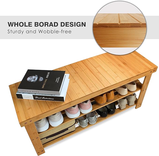 SMIBUY Bamboo Shoe Rack Bench, 3-Tier Shoe Organizer Storage Shelf for Entryway Hallway Bathroom Living Room (Natural)