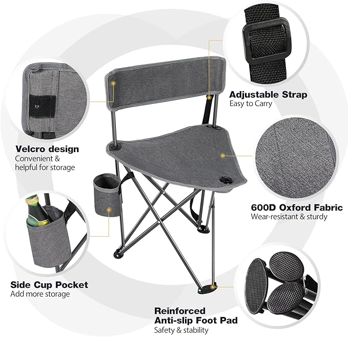 REDCAMP 2 Pack Tall Tripod Chairs for Adults, Folding Lightweight Portable Golf Chairs for Spectators, Compact 3 Legged Tripod Stools Seat with Backrest for Camping Fishing Hunting, Dark Gray