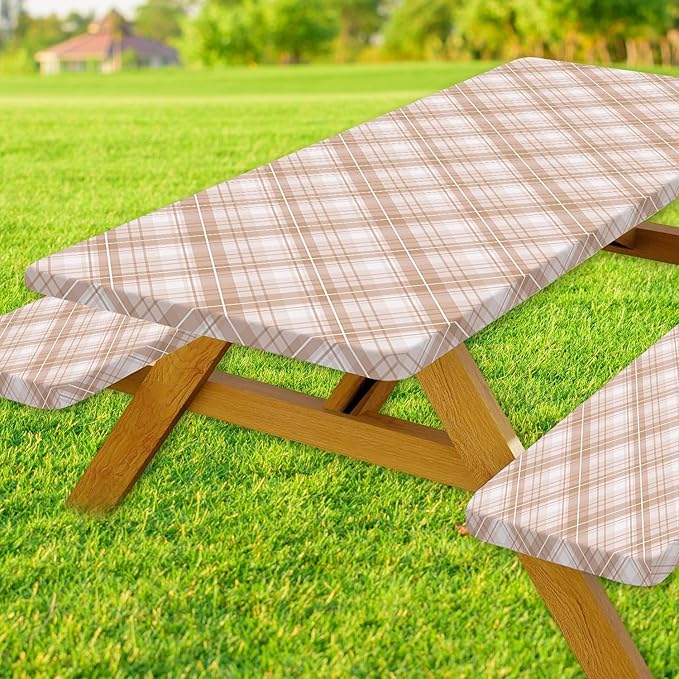 DYNH 3 Pcs Picnic Table Cover with Bench Covers, Waterproof Reusable Elastic Fitted Rectangle Picnic Table Cloths,30x60IN Beige Plaid Picnic Tablecloth for Camping Patio Travel Outdoor