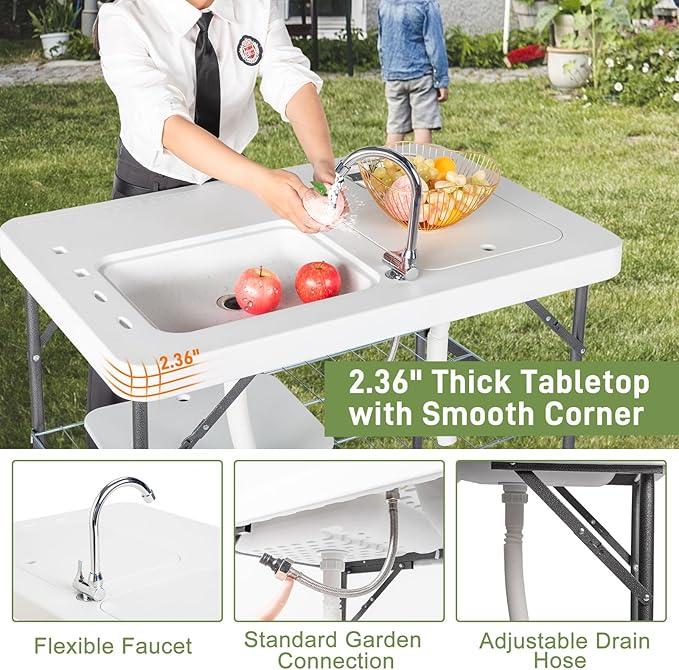 Outvita Folding Portable Camping Sink Table with Sink Faucet, Drainage Hose & Grid Rack, White