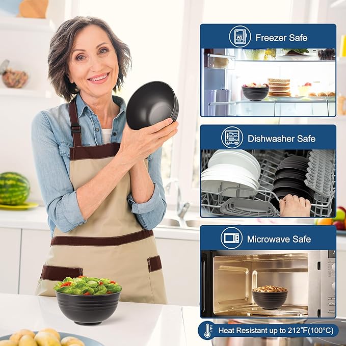 HOTEC BPA Free Unbreakable Wheat Straw Cereal Bowls - Microwave & Dishwasher Safe Soup and Salad Bowls, Set of 8, 26oz, Black