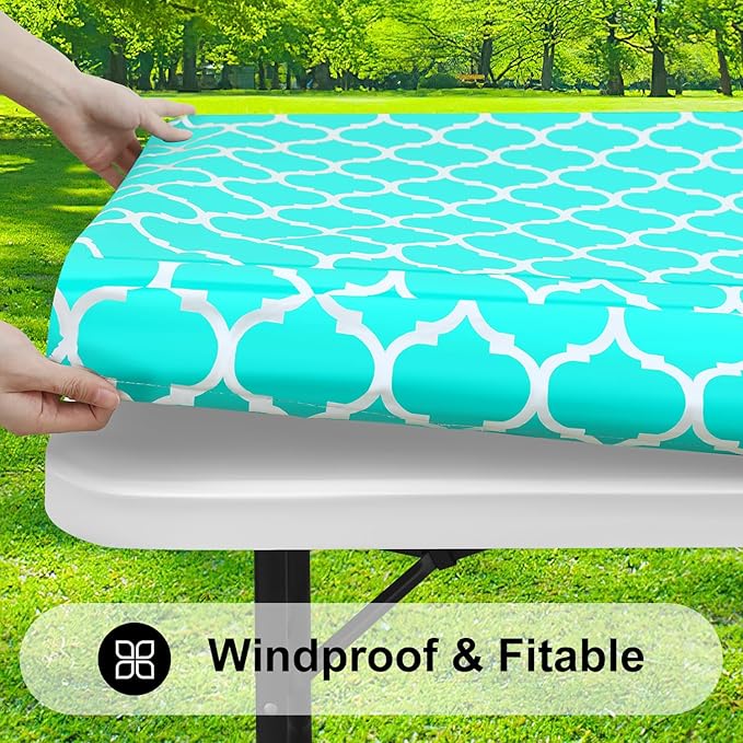 Smiry Rectangle Picnic Table Cover, Waterproof Elastic Fitted Camping Tablecloths for 8 Foot Tables, Wipeable Flannel Backed Vinyl Tablecloth Protector for Indoor, Outdoor (Teal, 30x96 Inches)