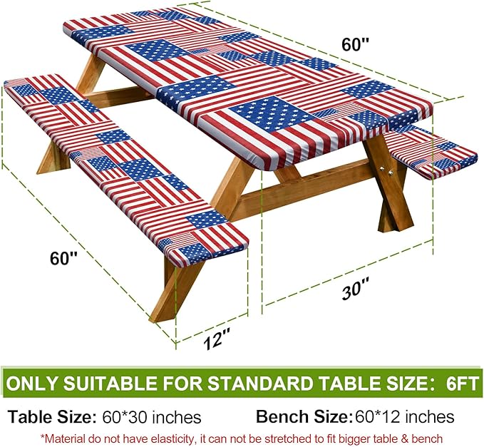 Picnic Table Cover with Bench Covers Camping Essentials Waterproof Windproof Camping Tablecloth with Drawstring Bag, Fitted Rectangle Tables and Seats, 60in, Red Blue White