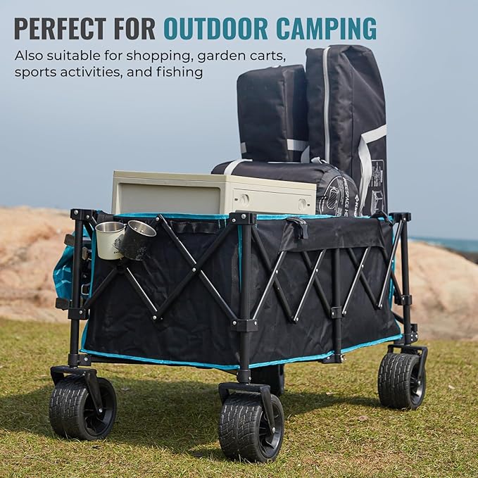 FUNDANGO 600lbs Heavy Duty Wagon, Foldable Beach Collapsible Wagons Garden Cart with Brakes, Side Pockets & All-Terrain Big Wheels for Sports Camping Shopping Groceries, Black/Blue