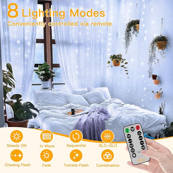 Ollny Curtain Lights 6.6x6.6ft, 200 LED White String Lights with Remote 8 Modes Dimmable Timer, USB Power Fairy Light for Bedroom Backdrop Indoor Wall Window Wedding Decor