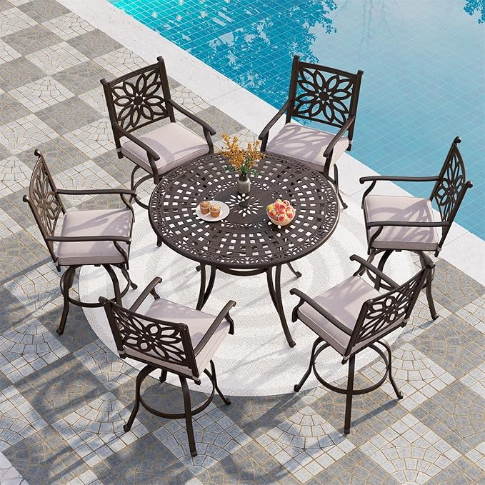 PHI VILLA Outdoor Swivel Bar Stools Set of 4, Cast Aluminum Patio Pub Height Bar Stool & Chairs with Seat Cushion