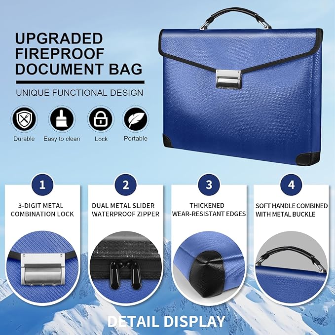 Fireproof Document Bag 14.5"X11"X2.5" Fireproof Money Bag for Cash with Lock and Zipper,Fire&Waterproof Storage Organizer Pouch for Valuables,Legal Document,Laptop,Passport, (Blue)