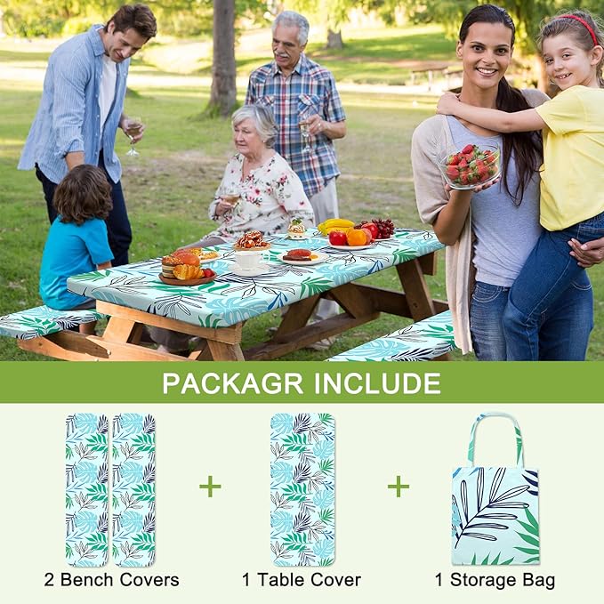 Picnic Table Cover with Bench Covers Camping Tablecloth with Storage Bag Windproof Waterproof Picnic Table Covers with Elastic for Camping