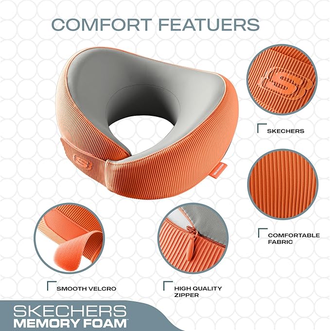 Skechers Memory Foam Neck Pillow, Comfortable & Breathable Travel Pillow, Neck Pillow Airplane for Travel, Car Rides, Home, and Office Use, Ergonomic Design for Men and Women,Orange