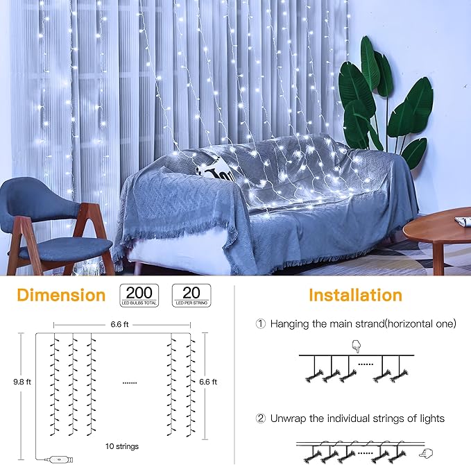 Ollny Curtain Lights 6.6x6.6ft, 200 LED White String Lights with Remote 8 Modes Dimmable Timer, USB Power Fairy Light for Bedroom Backdrop Indoor Wall Window Wedding Decor