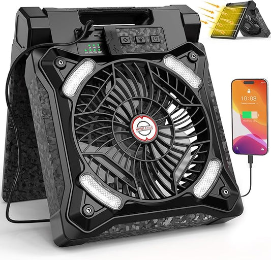 KITWLEMEN Upgraded Solar Camping Fan with Lantern - Rechargeable Battery Operated Fan, 36H Run Time Max, 4 Speeds, 8H Timer, 90° Adjustable Portable Desk Fan for Hurricane, Power Outage, Outdoor Use