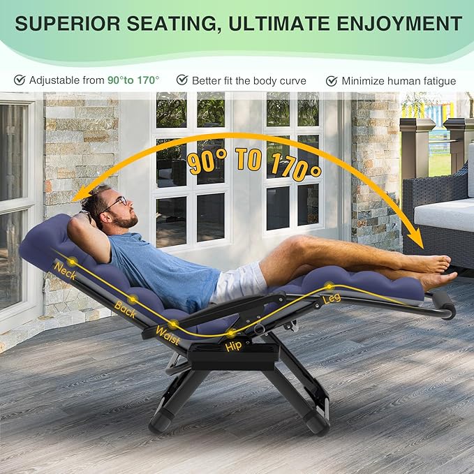 Suteck Oversized Zero Gravity Chair,33In XXL Lounge Chair w/Removable Cushion&Headrest, Reclining Camping Chair w/Upgraded Lock and Footrest, Reclining Patio Chairs Recliner for Indoor Outdoor,500LB