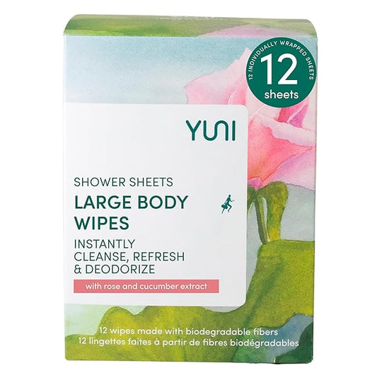 YUNI Beauty Large Body Wipes (Rose Cucumber, 12 Count) Soft Moist Showerless Wipes, Cleanse & Deodorize Waterless Travel Body Cleanser, Biodegradable Individually Wrapped Body Wipes for Camping or Gym