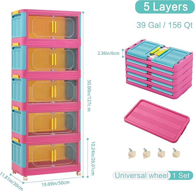 Holaki 195 QT Storage Bins with Lid, 5 Tiers Stackable Plastic Storage Bins Cabinet Box Collapsible Closet Organizers with Wheels and Magnetic Door for Princess Room, Girl(Colorful)
