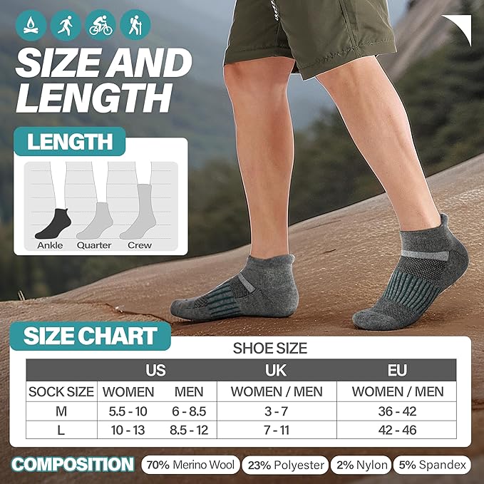 6 Pairs Merino Wool Ankle Running Hiking Socks Compression Support Breathable Thick Cushion No Show Socks for Women Men