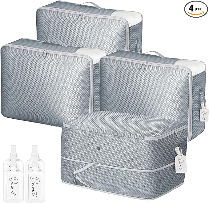 DIMJ Comforter Storage Bag - Large Capacity Ultra Space Saving Self Compression Organize for Duvet, Pillow, Bedding, Blanket Storage Organizer Nylon Compression Bags, Sheet Storage with Zipper, 4 Pack