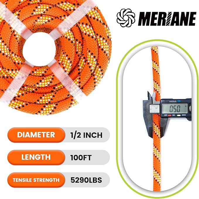 1/2inch 100ft Double Braid Polyester Rope, 48 Strands, 5290lbs Breaking Strength, Orange Arborist Rigging Rope for Various Indoor Outdoor Use Hiking Camping Swing Sailing