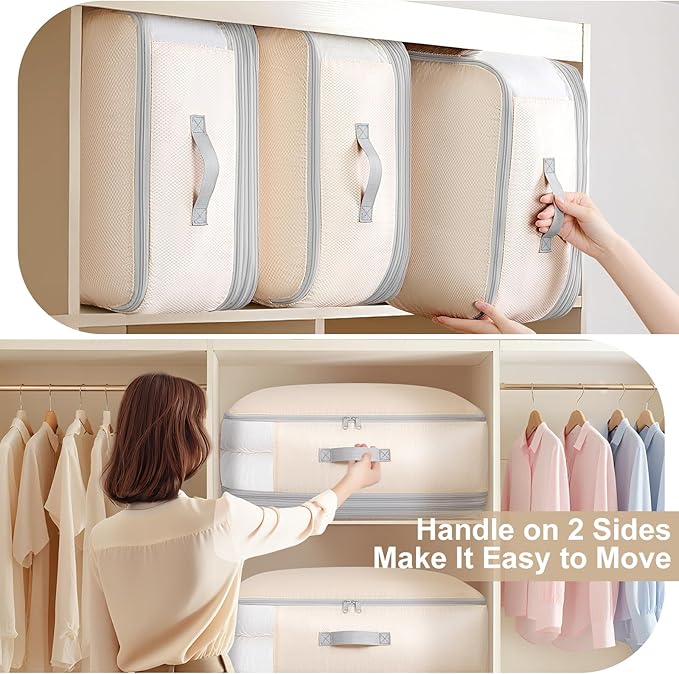 Comforter Storage Bag - 130L Large Capacity Blanket Storage Bags 4-Layer Ultra Space Saving Self Compression Organizer, Washable Compression Bags for Storage Comforter Blanket, 2-Pack, Beige