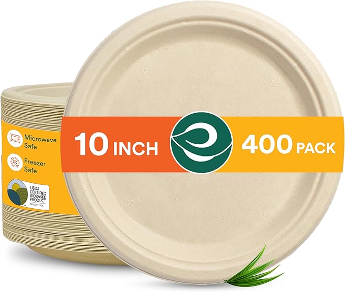 ECO SOUL 100% Compostable 10 Inch Paper Plates 400 [4x100 Pc] Disposable Bulk Party Plates I Heavy Duty Eco-Friendly Sturdy Dinner, Wedding, Event Plates I Biodegradable Unbleached