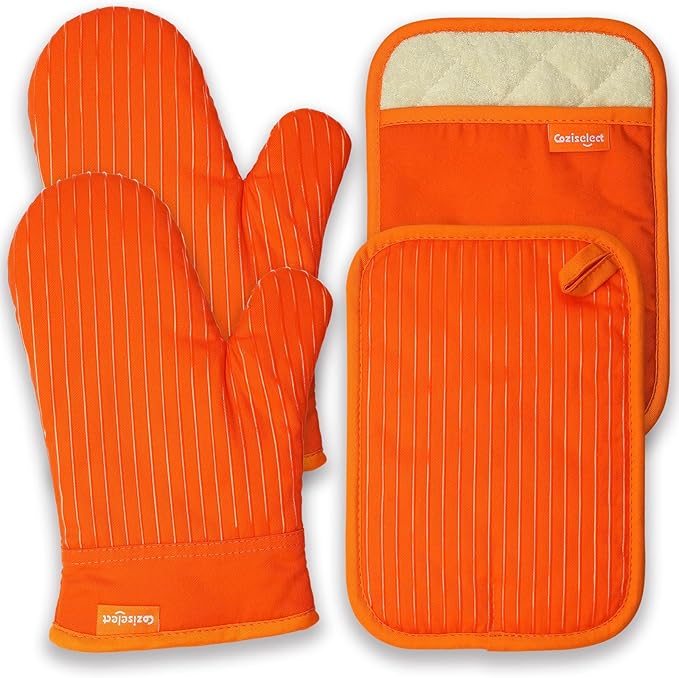 Oven Mitts Orange, Orange Oven Mitts and Pot Holders Set, Heat Resistant Oven Mit Gloves Hot Pads for Kitchen Cooking Grill, 4 Piece Set