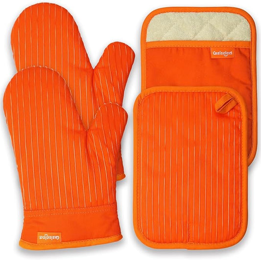 Oven Mitts Orange, Orange Oven Mitts and Pot Holders Set, Heat Resistant Oven Mit Gloves Hot Pads for Kitchen Cooking Grill, 4 Piece Set