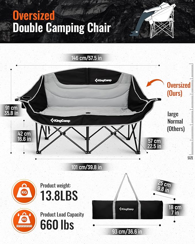 KingCamp Double Camping Chair, Oversized Heavy Duty Loveseat for Adults Portable Folding XL 2 Person Couch Padded Comfortable Two Seat with Cup Holder for Outdoor Lawn Backyard