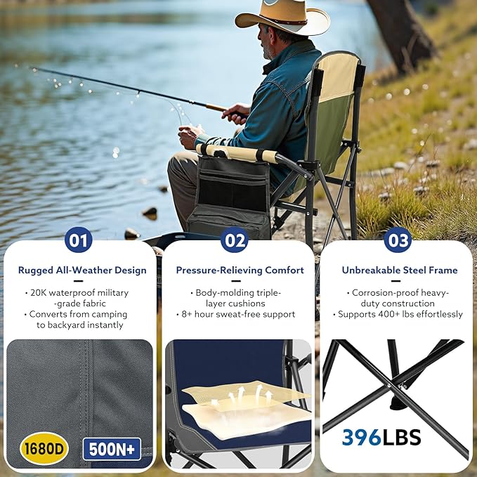 XL Heavy Duty Camping Chair 396lb Capacity (525lb Max) – Waterproof 1680D Oxford Fabric, 2" Padded Seat & Back, Cup Holder, Cooler Pocket, Portable for Camping, Beach & Tailgating (Slate/Navy)